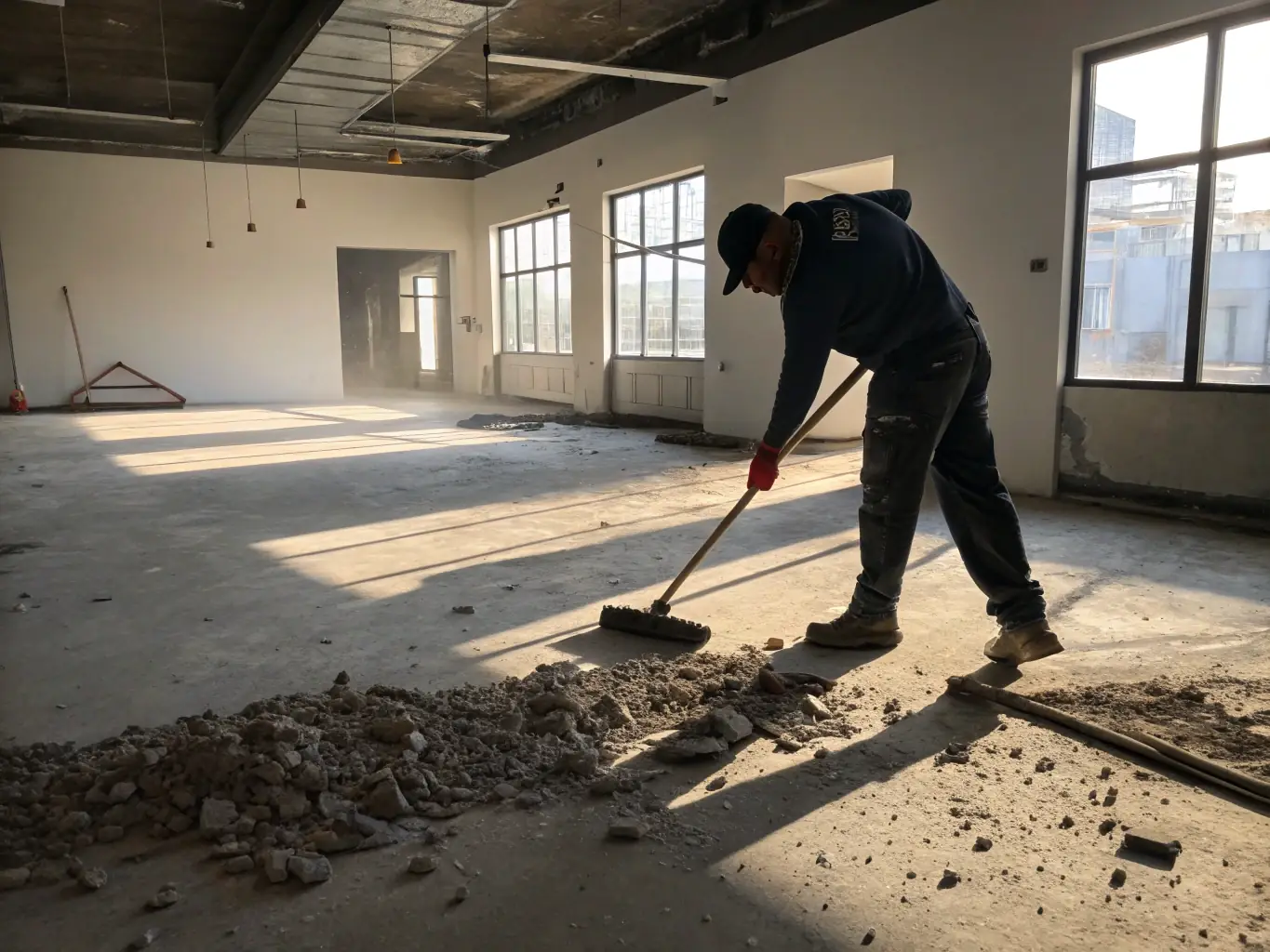A contractor meticulously cleaning up a job site after completing a renovation, emphasizing cleanliness and attention to detail.