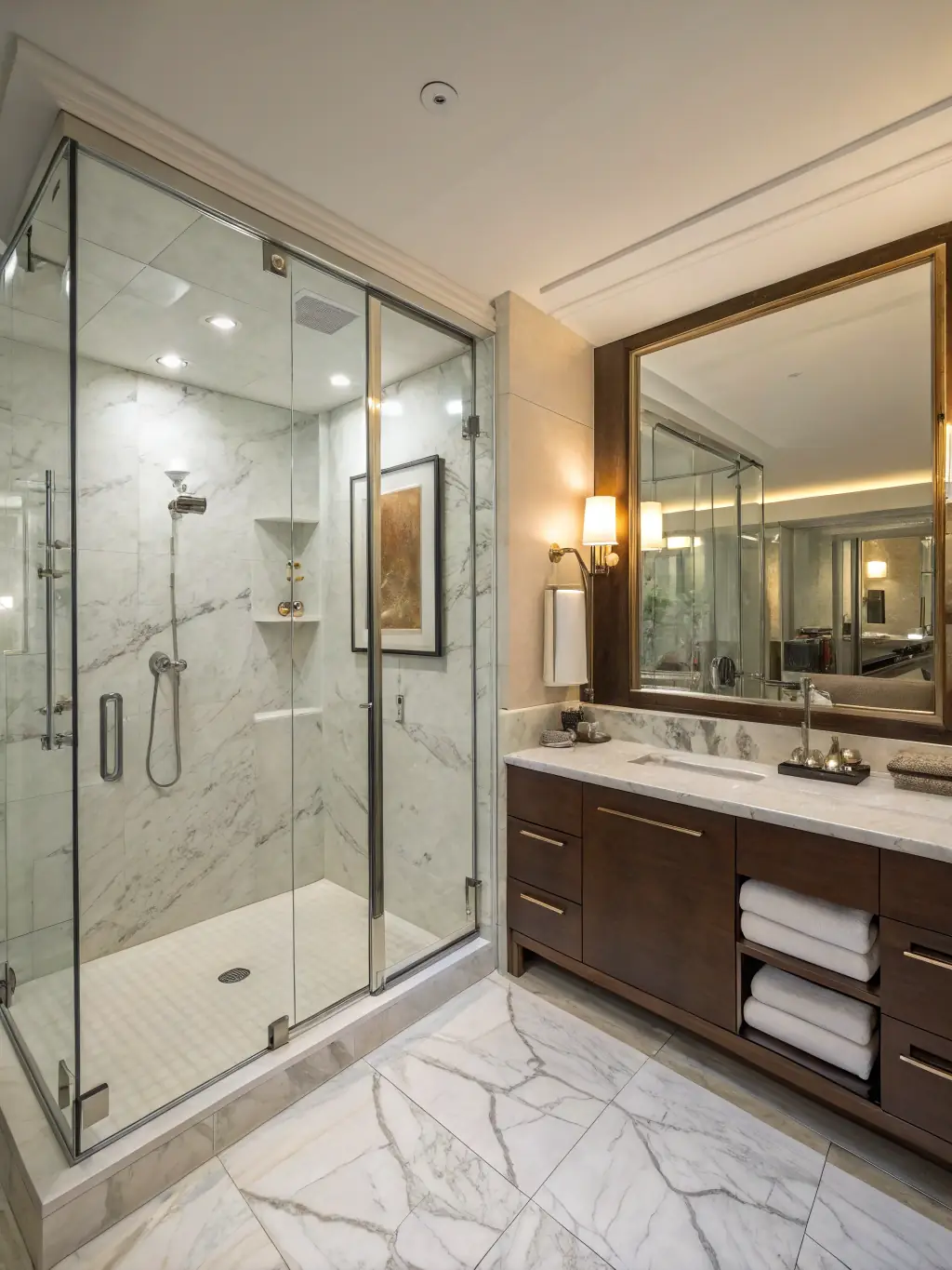 A recently renovated bathroom with new tiles, a modern vanity, and updated fixtures, showcasing a full bathroom renovation project completed by ED Renovation & Repair Services.