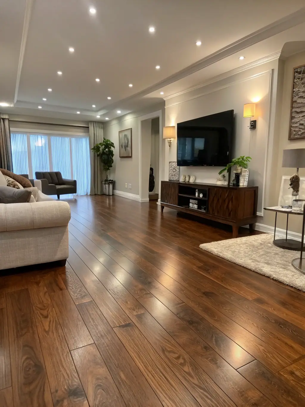 A newly installed laminate floor in a living room, demonstrating the quality and precision of flooring installations by ED Renovation & Repair Services.