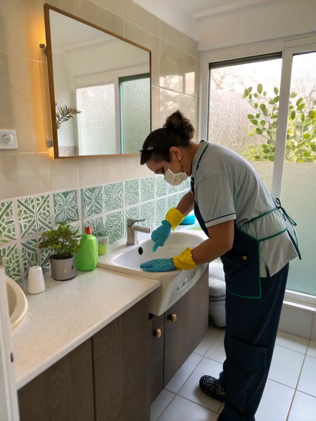 An image of a contractor meticulously cleaning a renovated bathroom, with cleaning supplies neatly arranged and a sparkling clean finish.